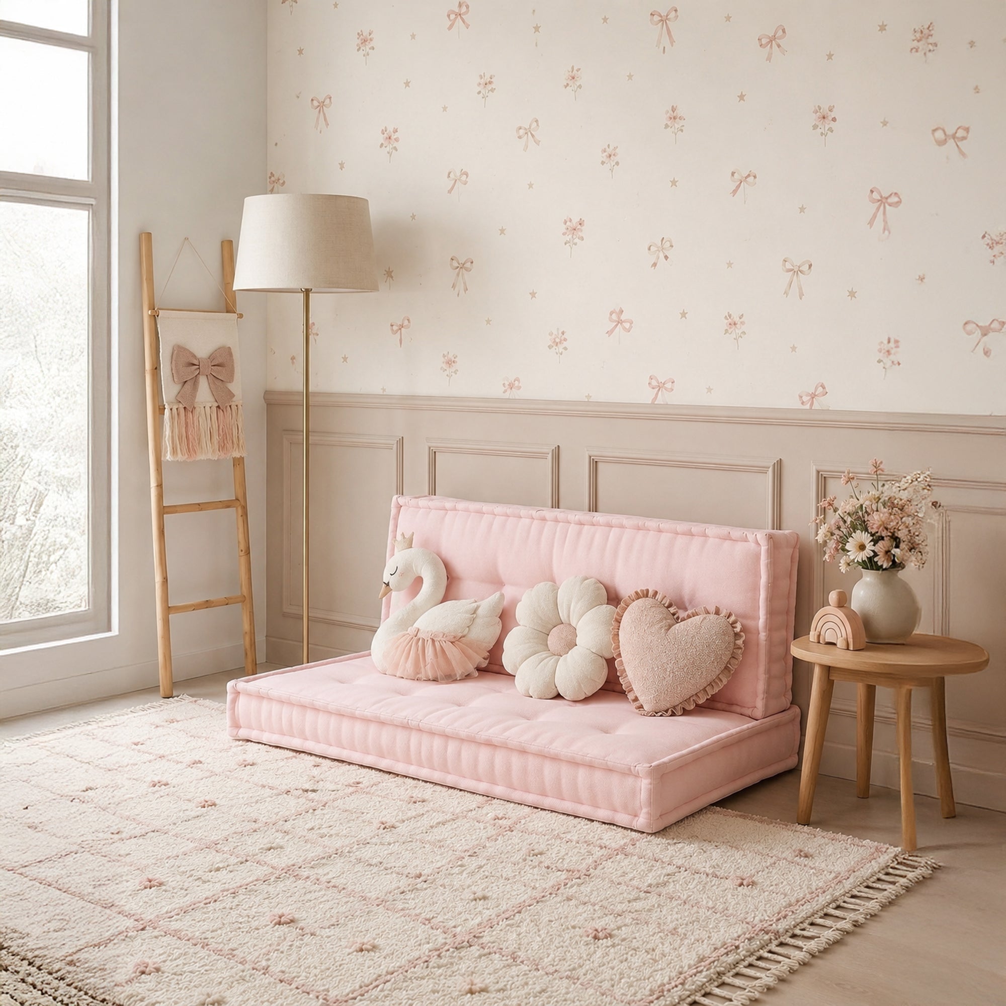 Pudra pembe French Mattress bisküvi minder seti ile dekore edilmiş çocuk odası; zemin minderi, sırt minderi ve pastel tonlarda dekoratif yastıklar.