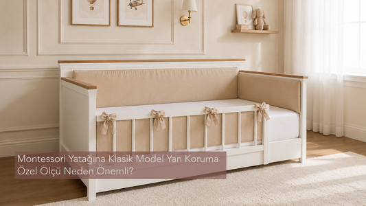 Beyaz ve ahşap Montessori yatağı için özel ölçü üretilmiş bej klasik model yan koruma