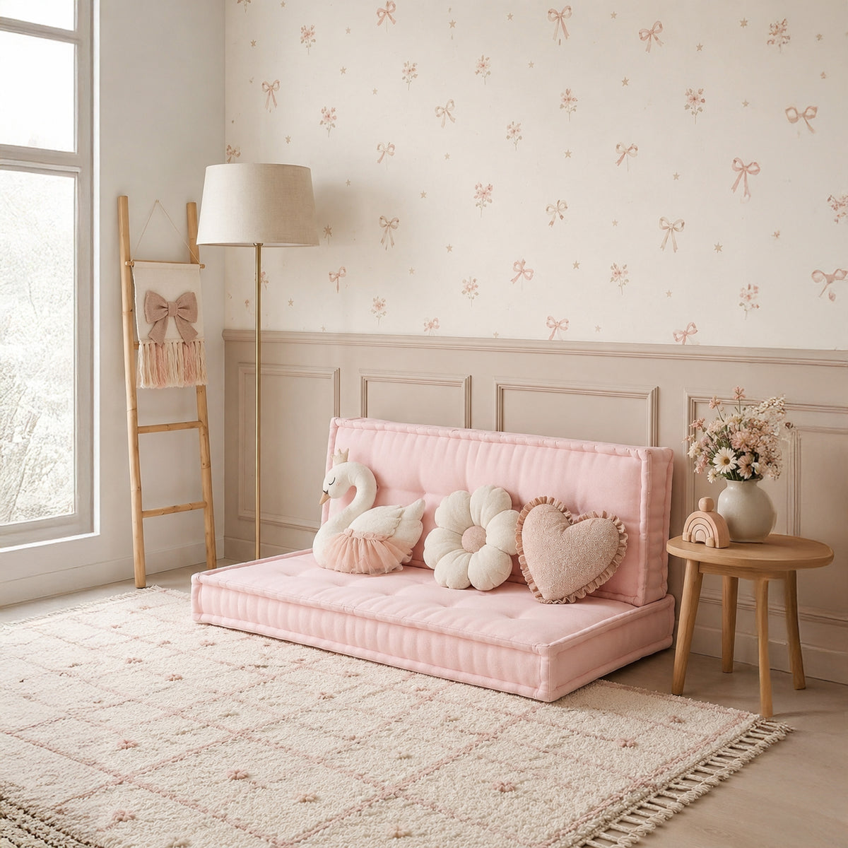 Pudra pembe French Mattress bisküvi minder seti ile dekore edilmiş çocuk odası; zemin minderi, sırt minderi ve pastel tonlarda dekoratif yastıklar.
